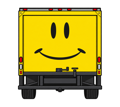 Illustrated yellow Friendship Builders truck with smiling rear panel